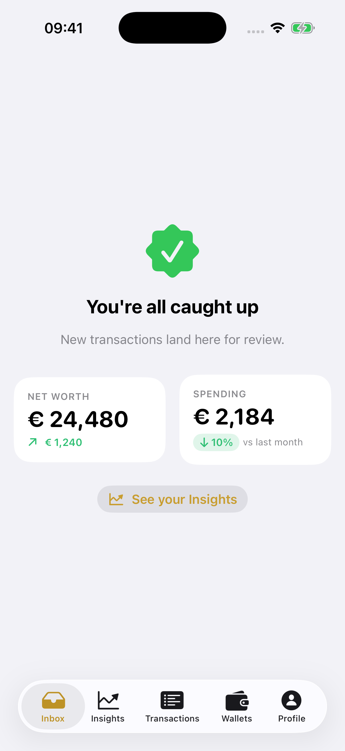 The actual Melbee Inbox Zero screen: You're all caught up. New transactions land here for review. Net worth €24,480, spending €2,184.