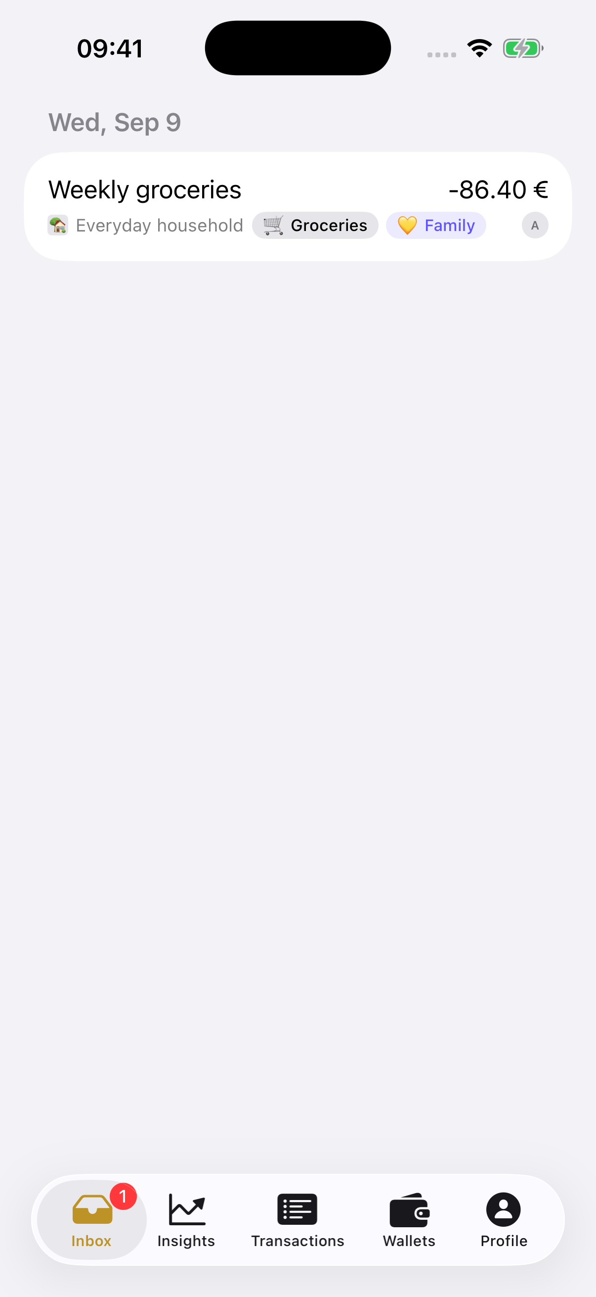 Melbee Inbox with one remaining transaction: Weekly groceries, €86.40, tagged Family and made by Alex