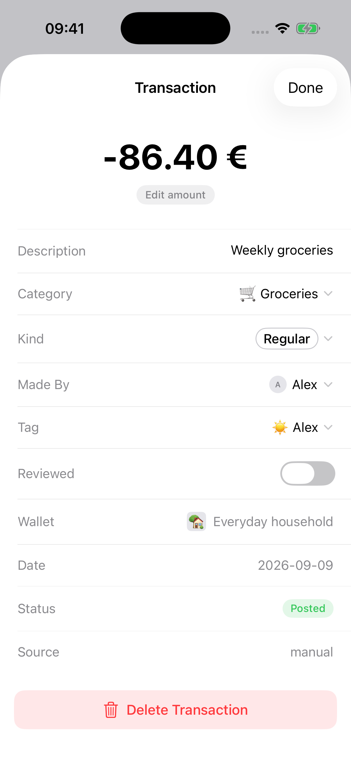 Melbee transaction details: Weekly groceries, €86.40. Made By Alex. Tag: Alex.