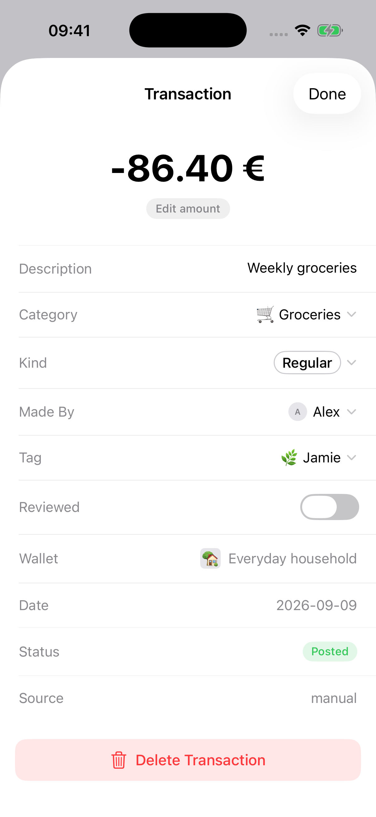 Melbee transaction details: Weekly groceries, €86.40. Made By Alex. Tag: Jamie.