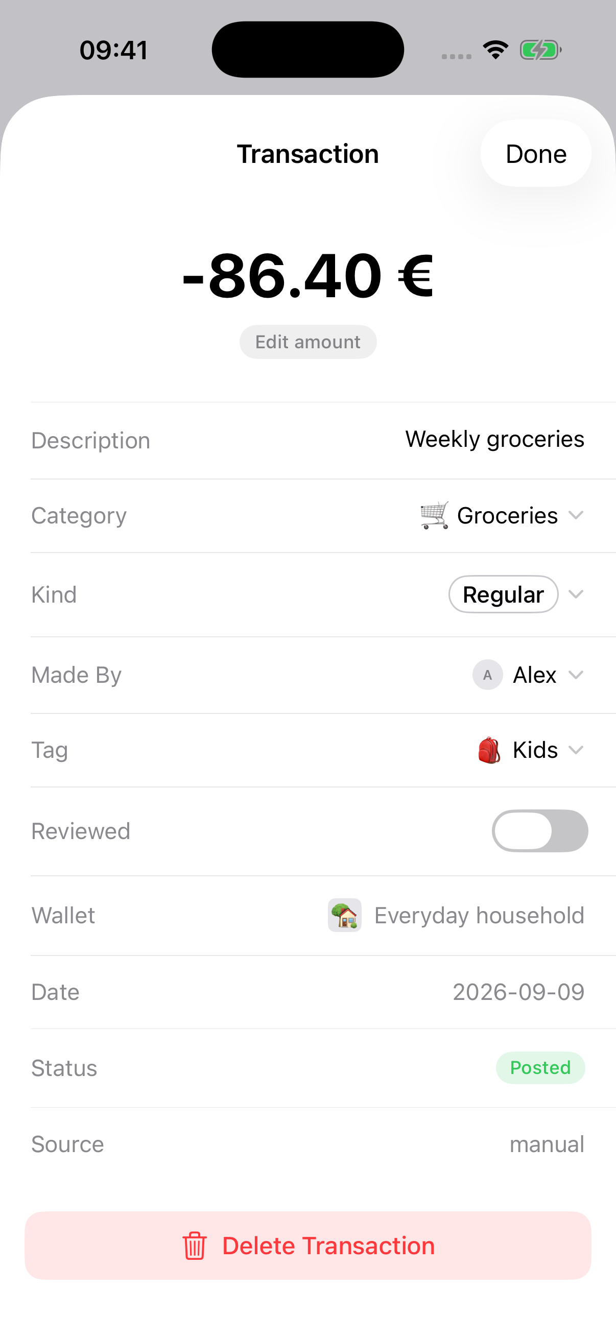 Melbee transaction details: Weekly groceries, €86.40. Made By Alex. Tag: Kids.