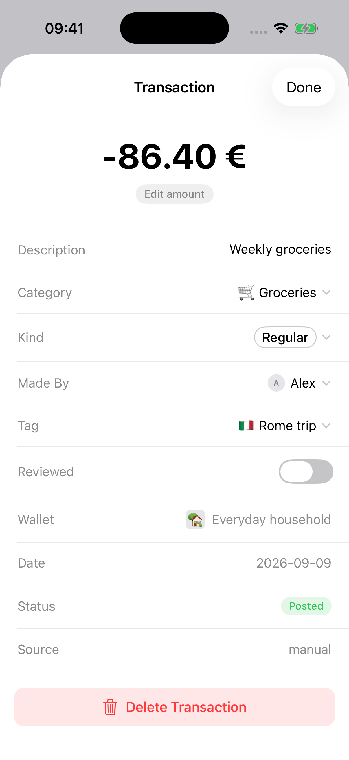 Melbee transaction details: Weekly groceries, €86.40. Made By Alex. Tag: Rome trip.