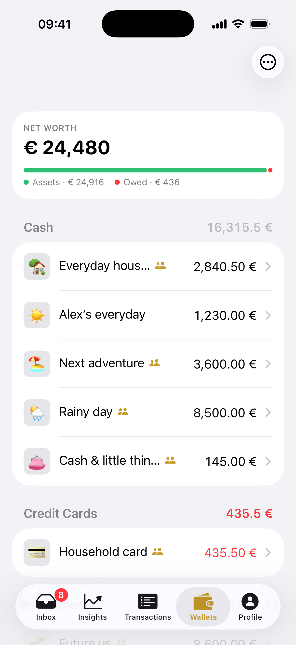 Melbee Wallets screen with fictional household accounts
